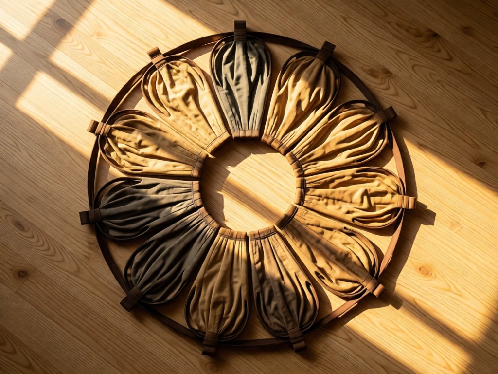 Aerial view of a single pair of artisanal pantaloons arranged in a perfect circle on light oak flooring. Golden hour light creates soft shadows emphasizing craftsmanship. No people.