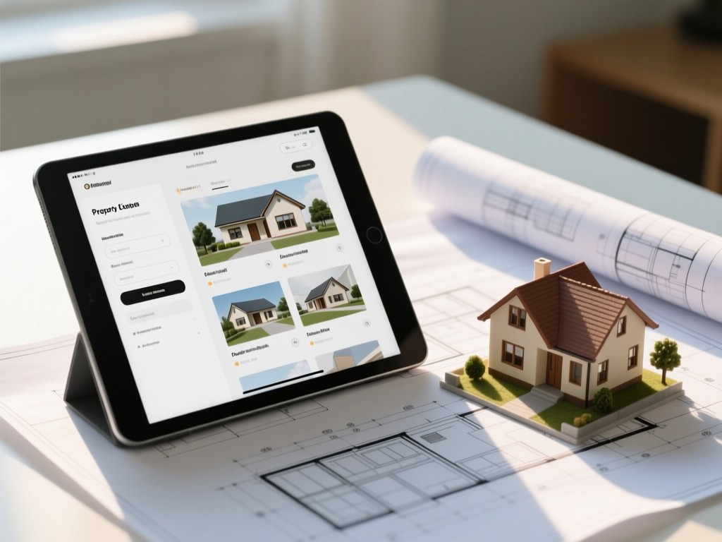 A modern tablet displaying a clean property listing interface. Beside it, a miniature house model sits on architectural blueprints. Soft afternoon light highlights the minimalist setup. No people.