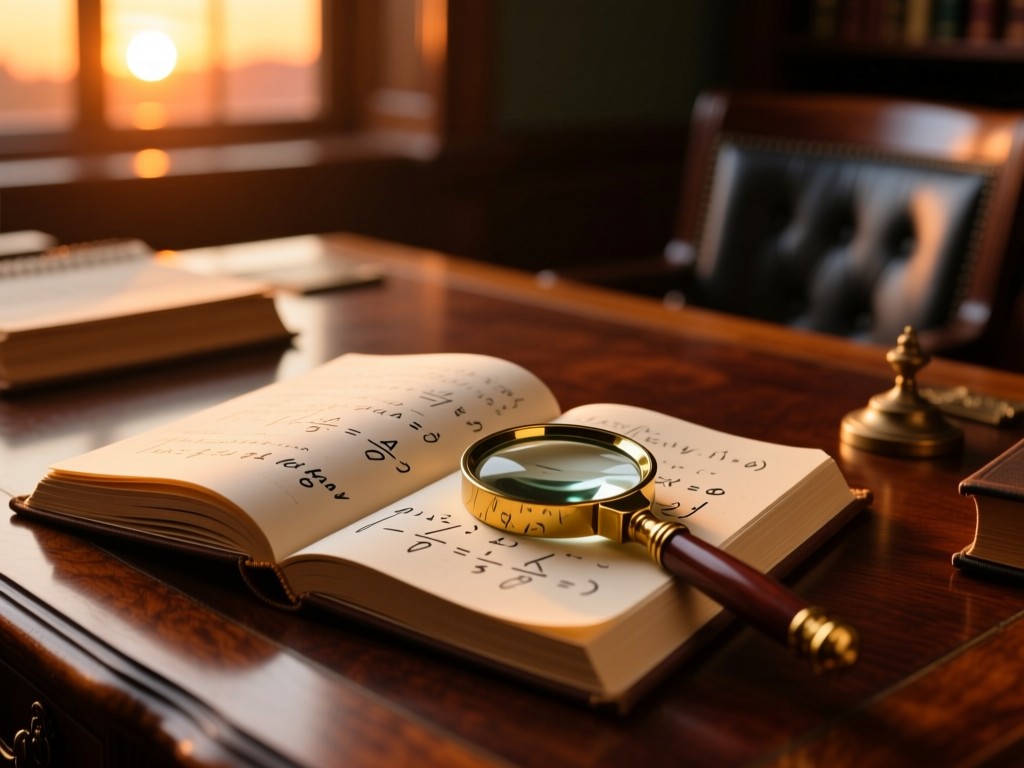 An open journal beside a vintage magnifying glass on a mahogany desk, sunset illuminating handwritten equations, shallow depth of field, warm amber tones, academic ambiance.