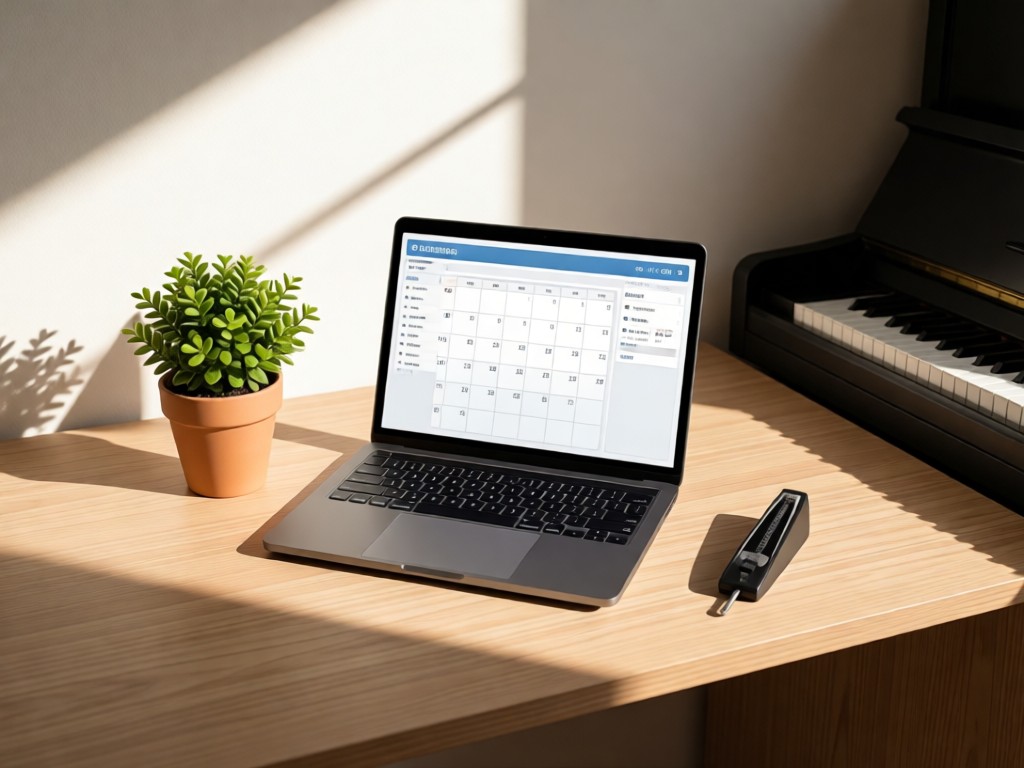 Minimalist desk setup: open laptop showing a clean calendar interface beside a small potted plant and piano tuning wrench. Soft morning light creates long shadows. No people.