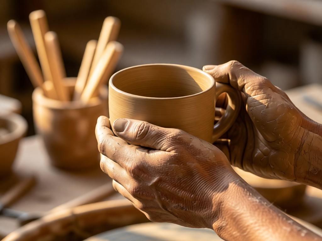 A pair of clay-stained hands holding a delicate ceramic mug. Soft focus on pottery tools in background. Golden hour light emphasizes texture and craftsmanship. No faces visible.