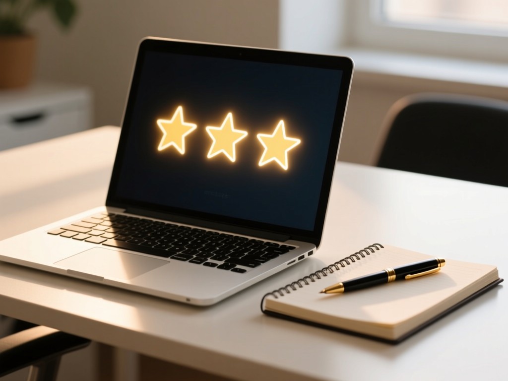 An open laptop displaying glowing five-star reviews. Beside it, a notebook and elegant pen rest on a spotless desk. Warm natural light creates a professional mood. No people.
