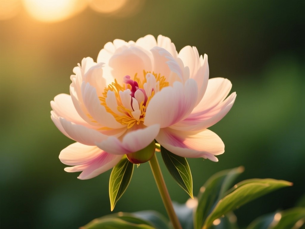 A single blooming peony in soft sunset light, petals unfurling against a blurred green background, symbolizing growth and specialized care in women's health, warm golden tones.