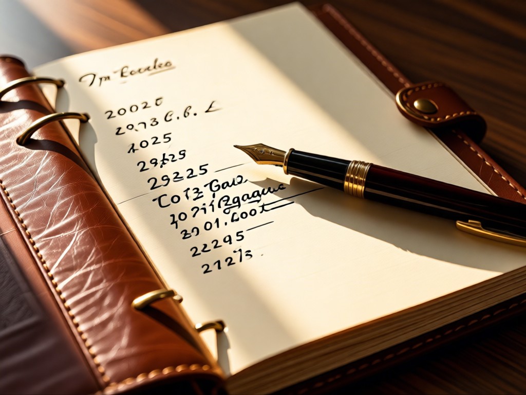 Open leather-bound notebook with elegant pen. Sunlight highlights handwritten dates on creamy paper. No people.