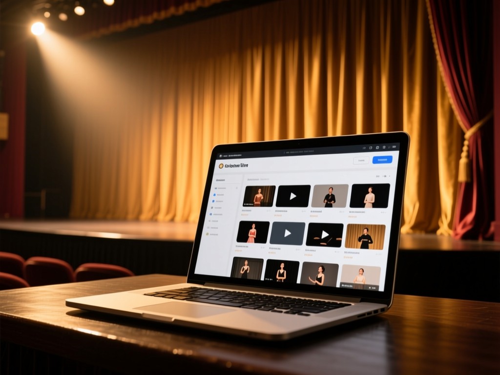 Open laptop on a theater stage during golden hour, screen displaying organized acting portfolio with video thumbnails, soft spotlight effect, velvet curtain background, warm cinematic lighting, no people visible.