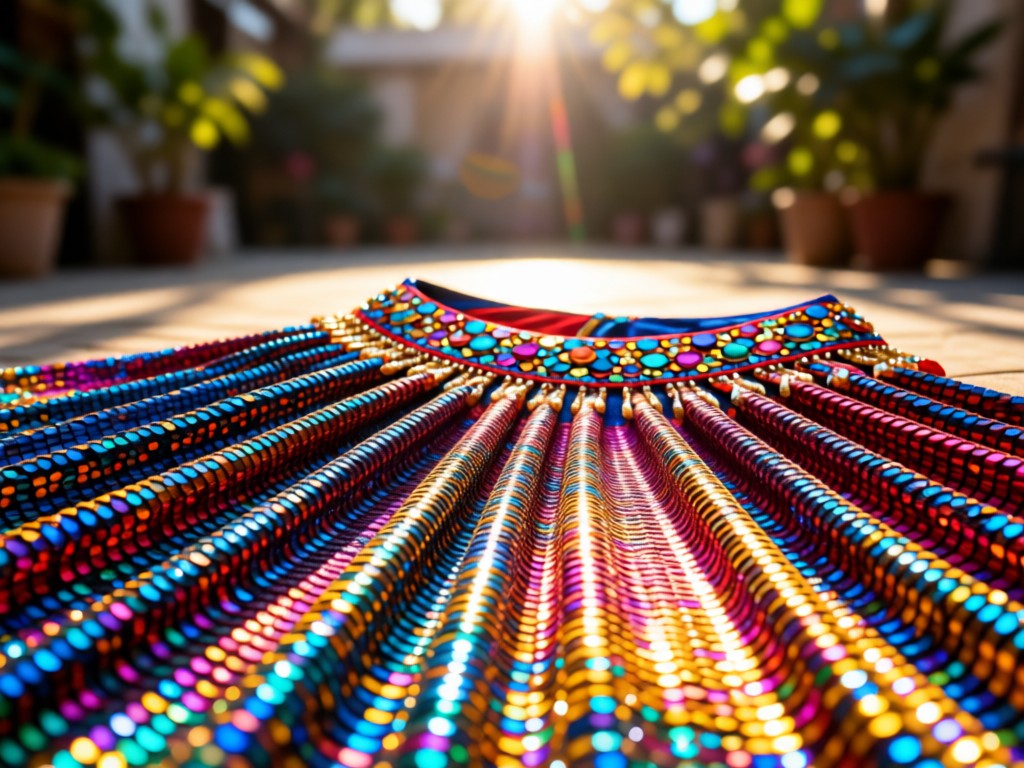 A vibrant belly dance costume skirt laid flat, catching sunlight. Sequins sparkle against textured fabric. Shallow focus background. No people.