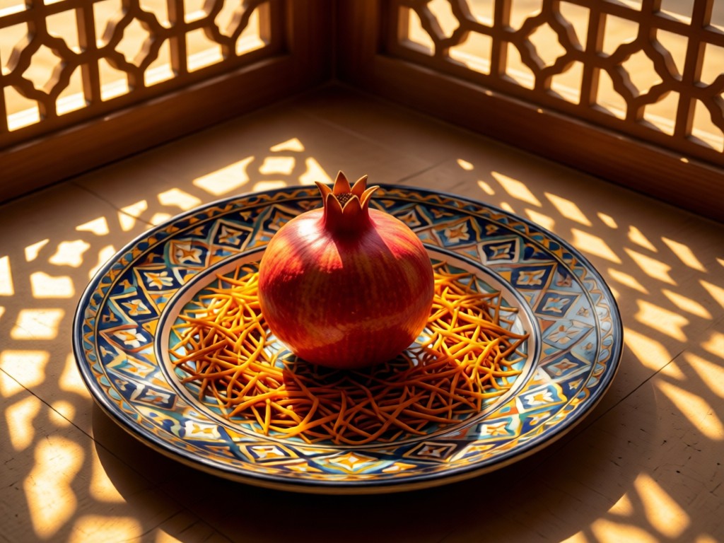 Aerial view of a single pomegranate on a Persian ceramic plate, surrounded by saffron threads. Golden hour light through lattice windows creates patterned shadows. Symbolizes cultural richness. No people.