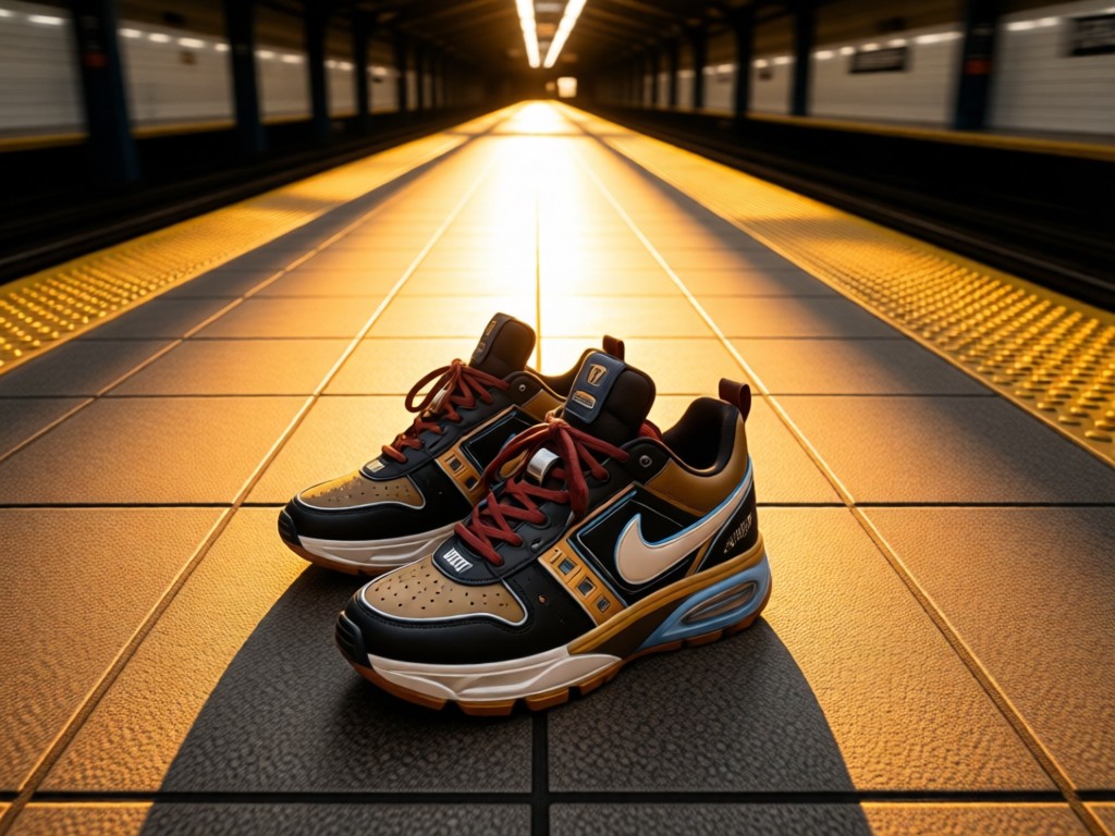 Overhead shot of custom sneakers perfectly centered on subway platform tiles. Leading lines perspective. Warm golden hour lighting. Symbolizes urban style foundation. No people.