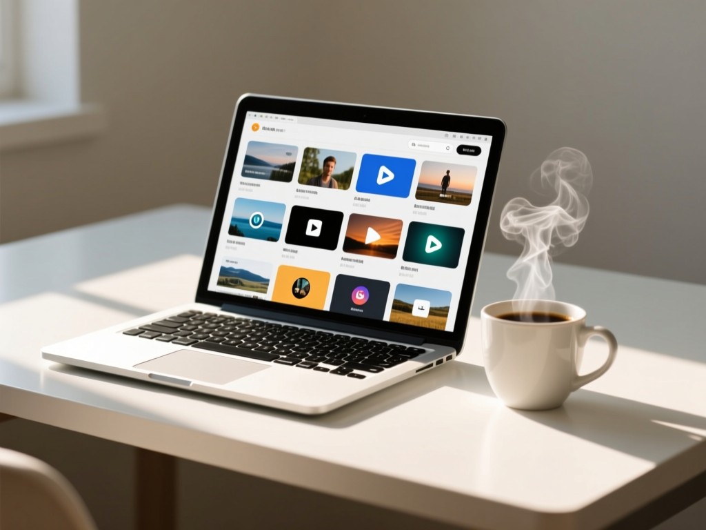 A minimalist desk with a laptop showing multiple media thumbnails in a clean grid. A coffee cup sits beside it, steam rising in morning sunlight. Focus on digital organization.