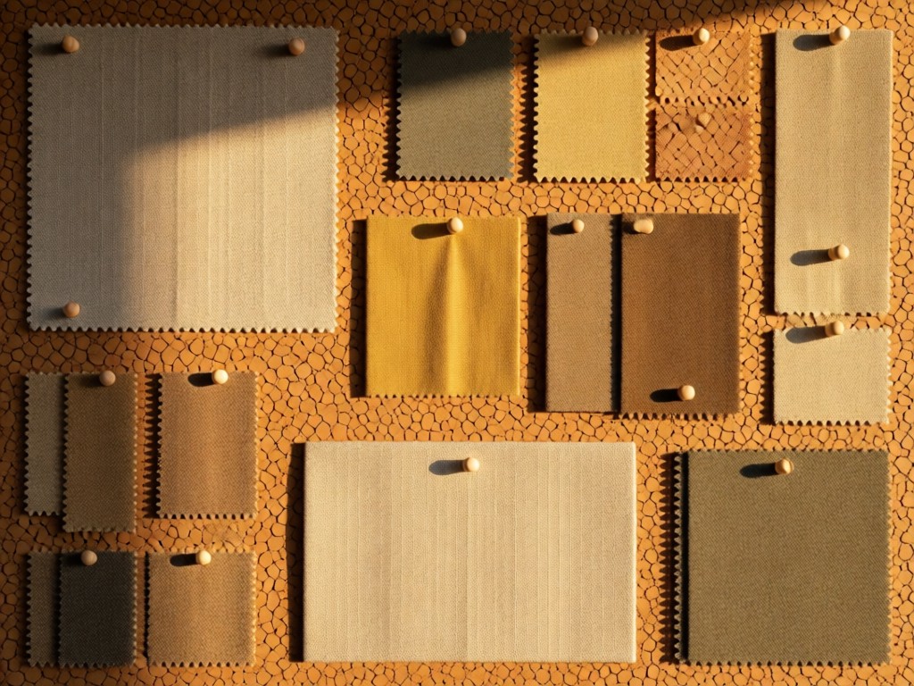 Overhead view of sustainable fabric swatches pinned to a corkboard. Natural linen textures with golden hour sunlight. Earth-toned color palette. No people.