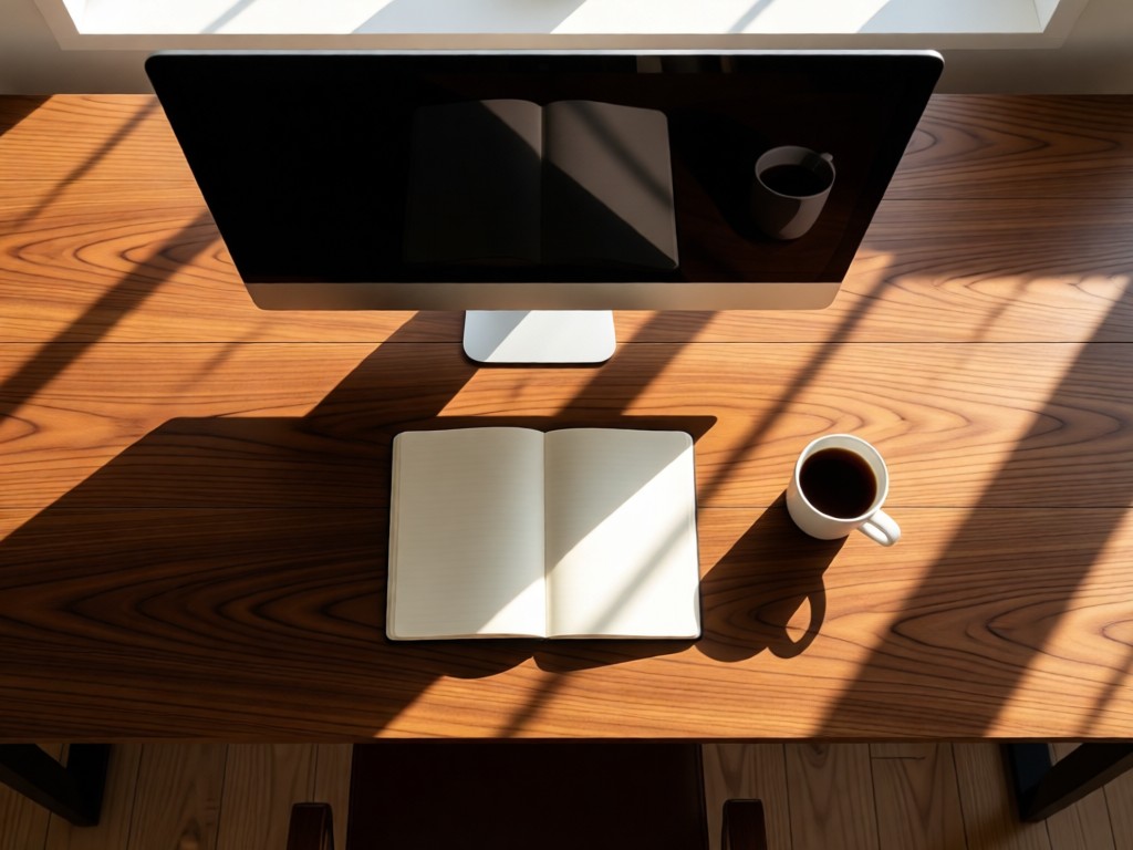 An aerial view of a perfectly arranged workstation: monitor, notebook, and coffee cup aligned on a walnut desk. Morning sun creates long, crisp shadows. Symbolizes efficiency. No people.
