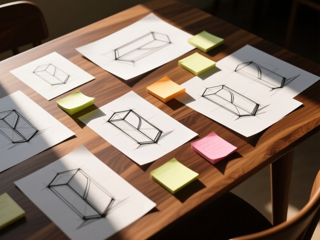 Overhead shot of design sketches and sticky notes arranged on a walnut table. Morning light creates soft shadows and highlights paper textures. No people.