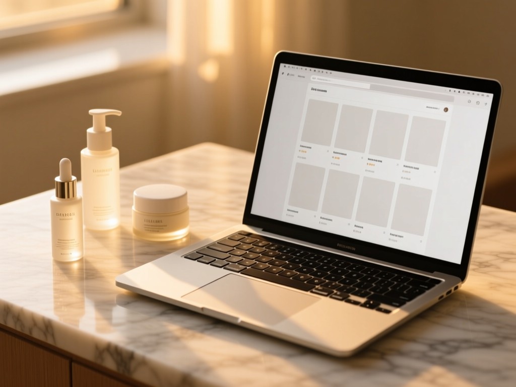 A marble surface with minimalist skincare bottles and an open laptop showing a clean content grid during golden hour, soft sunlight highlighting textures, shallow depth of field, warm tones, no people.