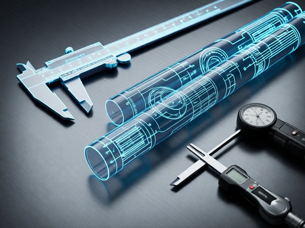 Technical blueprint overlay on precision-cut tubing samples. Calipers and micrometers arranged beside tubes on a matte metal surface. Soft directional lighting emphasizes measurement accuracy. No people.