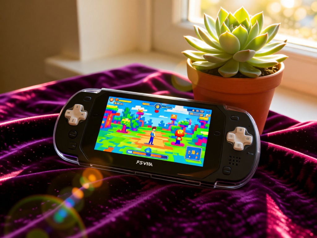 A PS Vita resting on a velvet cloth beside a potted succulent. Screen displays paused gameplay footage with vivid colors. Late afternoon sun creates soft lens flares.