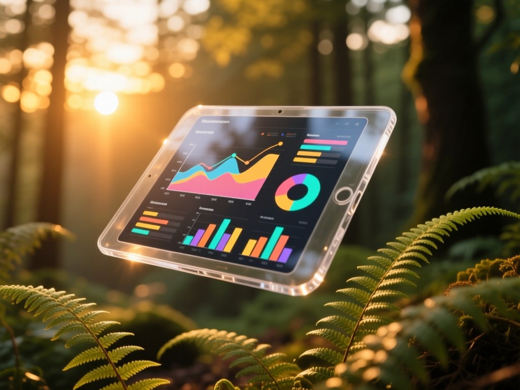 A transparent tablet hovering above ferns during sunset, displaying colorful graphs against a blurred forest background, warm golden glow, data visualization focus, no people.