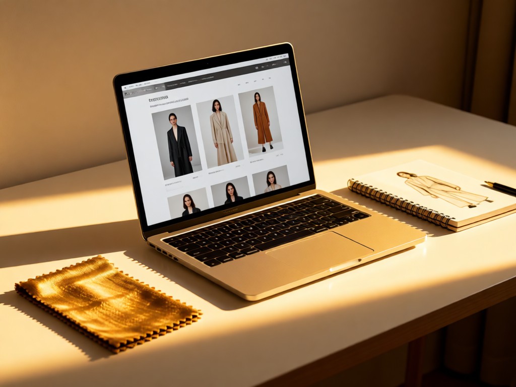Minimalist desk with an open laptop displaying a clean fashion portfolio. Golden light highlights a fabric swatch and sketchbook beside it. Soft shadows. No people.