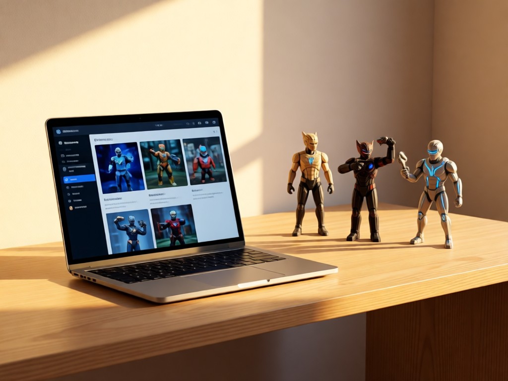 A minimalist desk with a sleek laptop showing a game portfolio interface. Beside it, 3D-printed game characters catch warm afternoon light. Focus on clean tech and creative tools blending. No people.