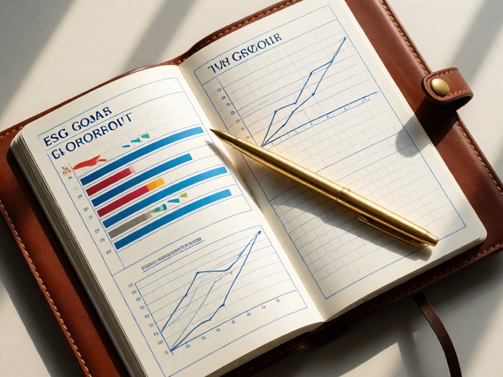 Overhead shot of a leather notebook opened to ESG goal charts. A gold pen rests diagonally across graph paper. Soft natural light emphasizes the crisp lines and textures. No people.
