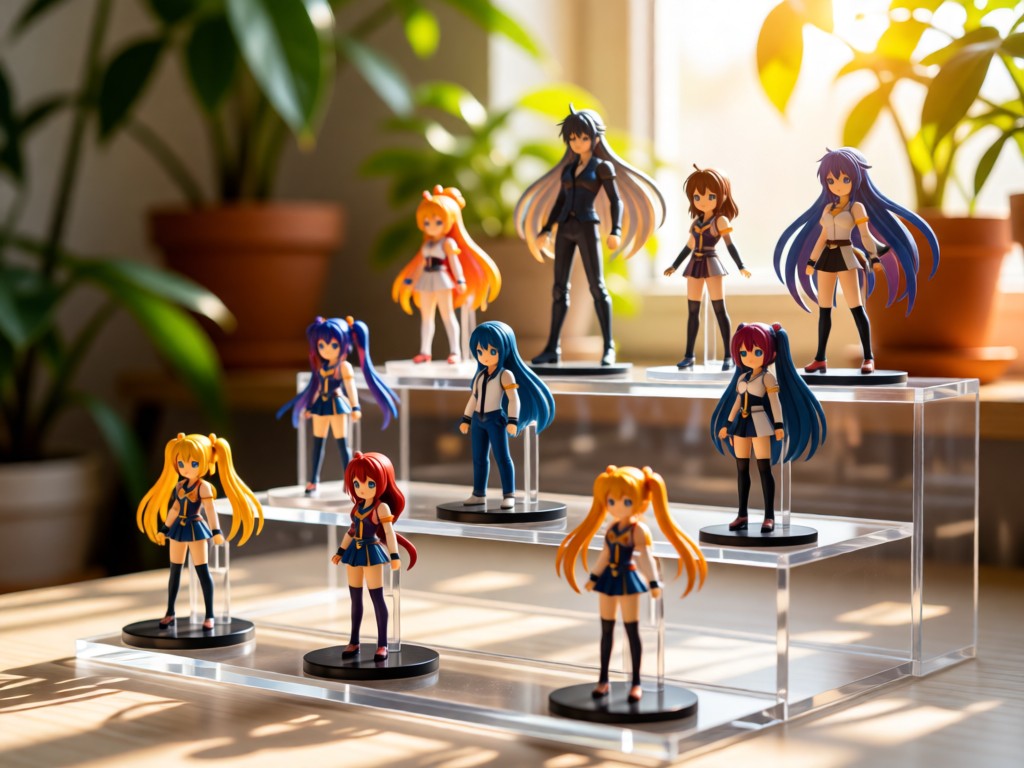 Close-up of anime collectibles arranged on tiered acrylic shelves. Soft focus background shows warm sunlight filtering through plants. Vibrant colors pop against neutral tones. No people.
