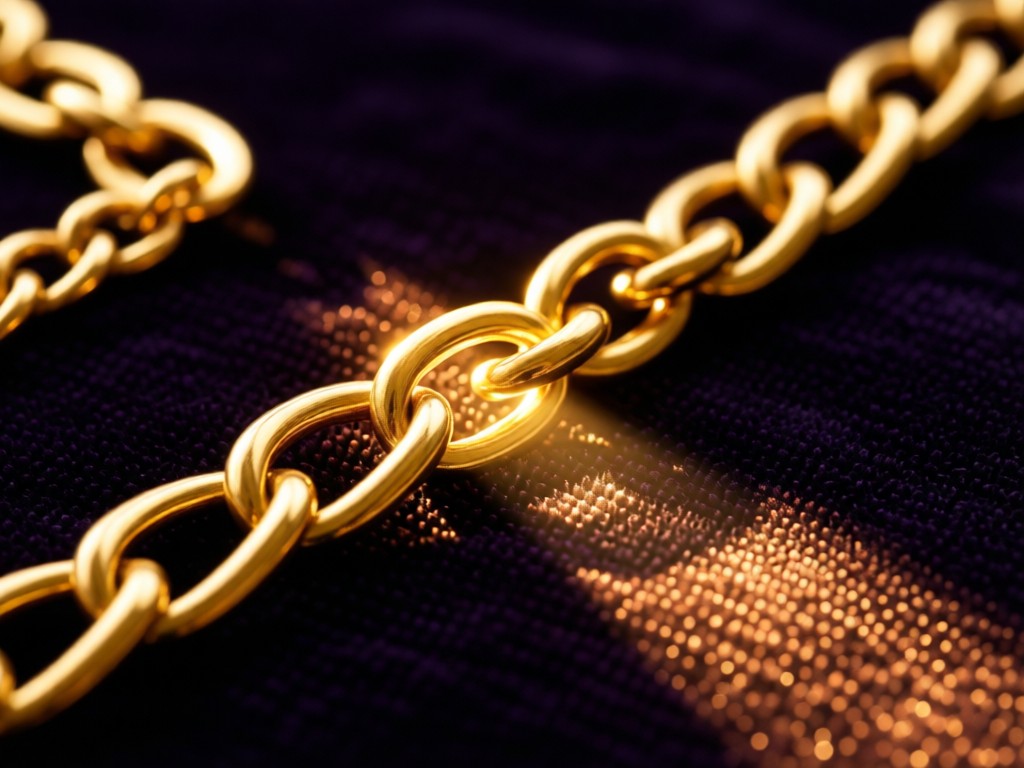 Interlocking golden chain links on a dark velvet background. One link catches a beam of warm light. Shallow depth of field. No people.