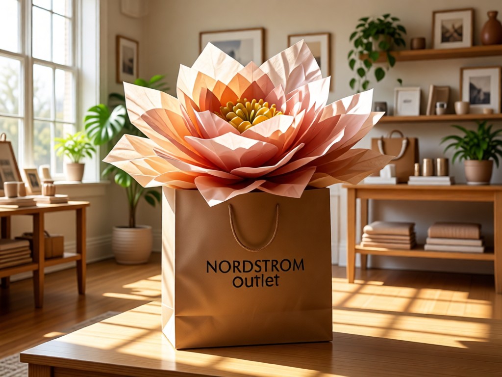 An open Nordstrom Outlet shopping bag with tissue paper blooming like a flower, placed center frame in a sunlit room. Represents curated collections and brand identity. No people.