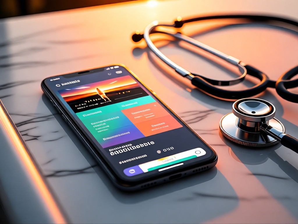 A smartphone displaying a portfolio beside a stethoscope on marble. Sunset reflections create warm gradients. Focus on device adaptability. No people.