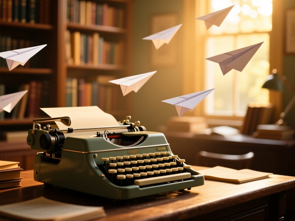 A vintage typewriter surrounded by floating paper planes soaring toward sunlight in a cozy study, golden hour glow, soft focus background with bookshelves, warm amber tones, no people.