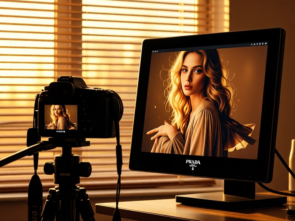 A professional camera with Prada logo visible on monitor displaying fashion photography. Warm golden hour light through window blinds. No people.