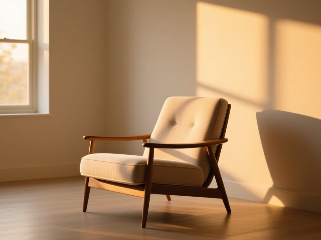 A single elegant armchair in an airy room during golden hour, soft light highlighting its craftsmanship, symbolizing curated lifestyle focus, minimalist composition, warm natural tones.