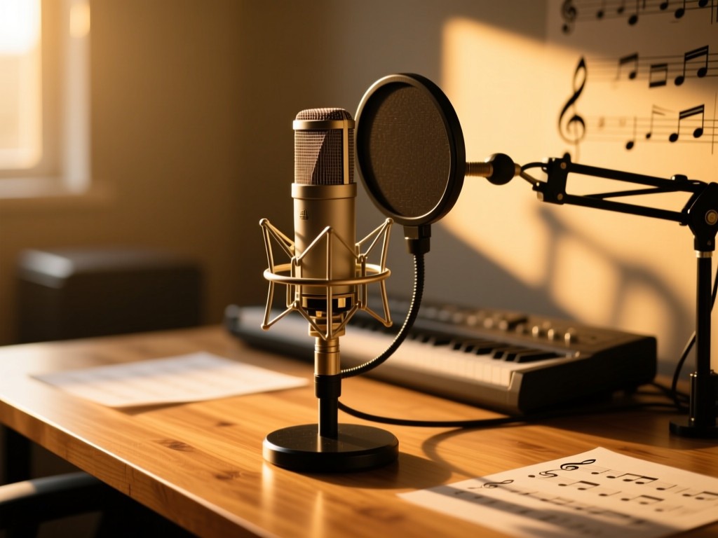 A studio microphone bathed in golden hour light on a wooden desk, surrounded by subtle musical notation shadows, shallow depth of field, warm tones, no people.