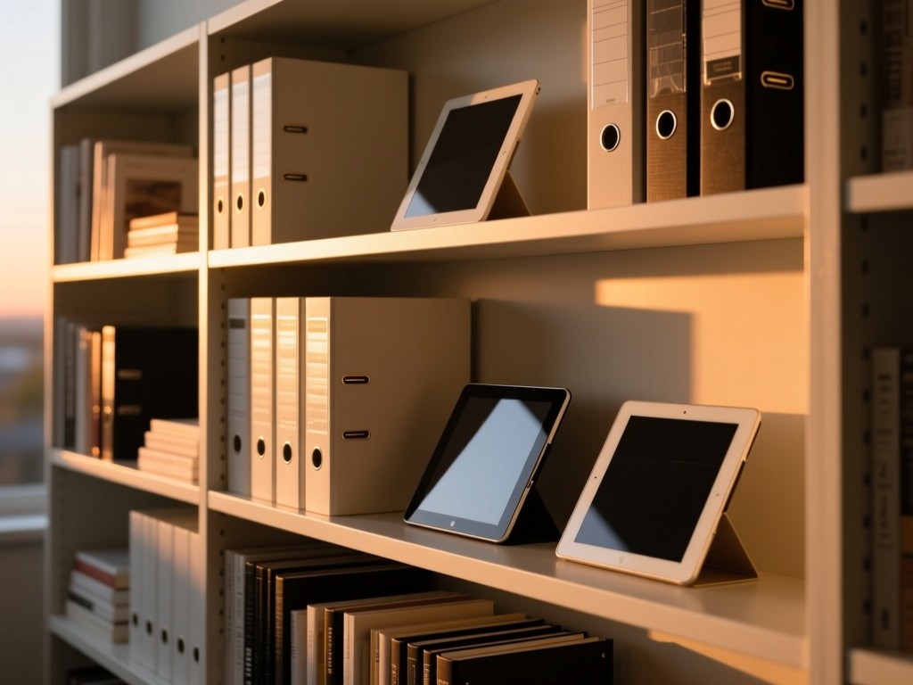 A minimalist bookshelf with organized binders and tablets during sunset glow, warm light highlighting textures, no visible text or people.