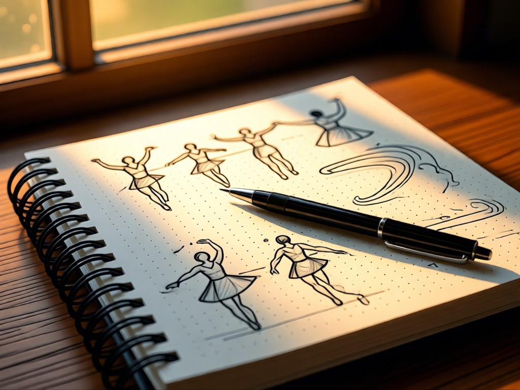 Spiral notebook open to sketches of dance formations and flow diagrams. Pen resting on dotted lines. Warm light through window creates depth. No people.