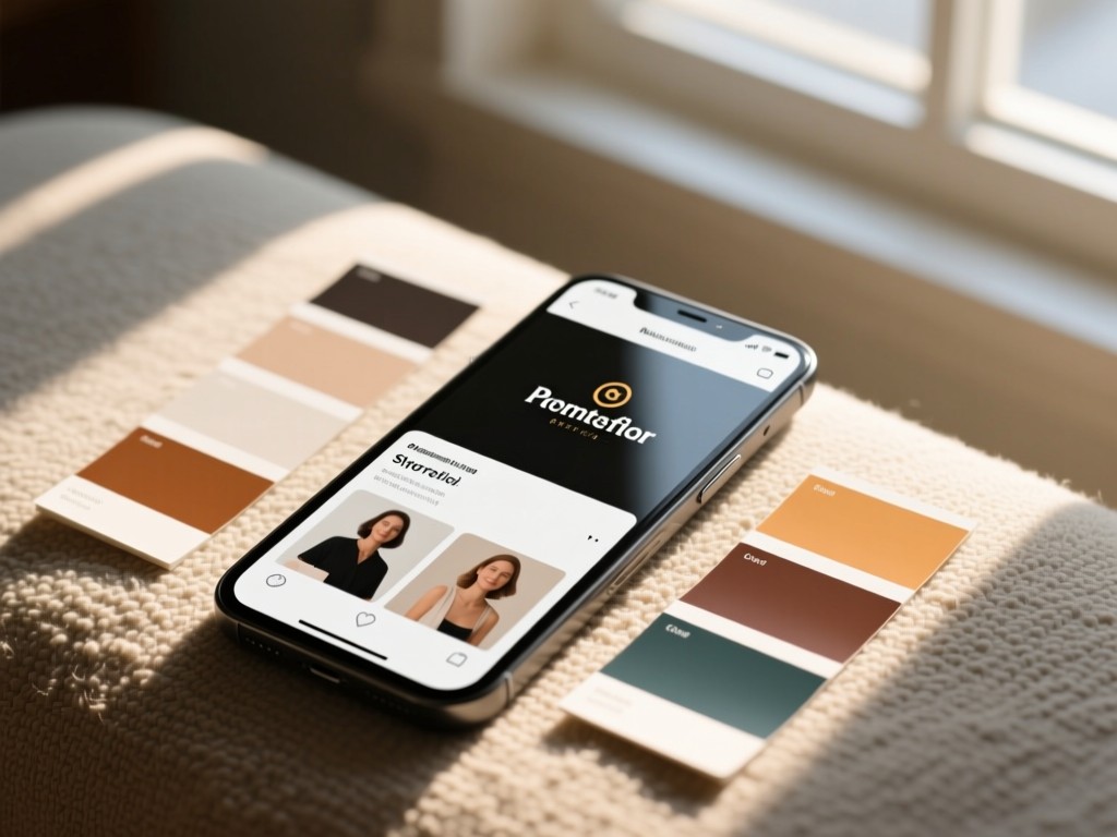 Color swatches and a style tile overlapping a smartphone displaying a branded portfolio. Soft sunlight through window creates depth on a textured surface. No people.