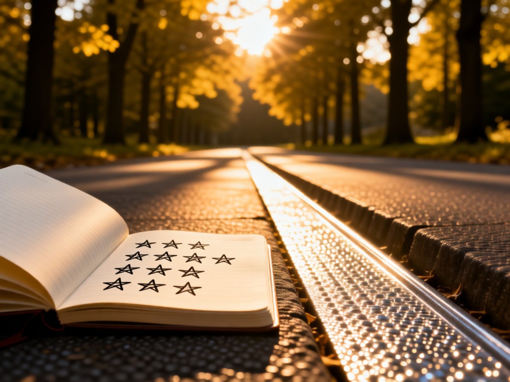 An open notebook with handwritten five-star reviews beside a sparkling clean gutter. Golden hour illumination through trees. No people.