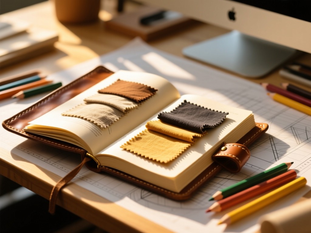 An open leather-bound sketchbook with fabric samples and colored pencils on a drafting table, golden sunlight streaming across textured pages, shallow focus, warm natural tones, creative workspace.