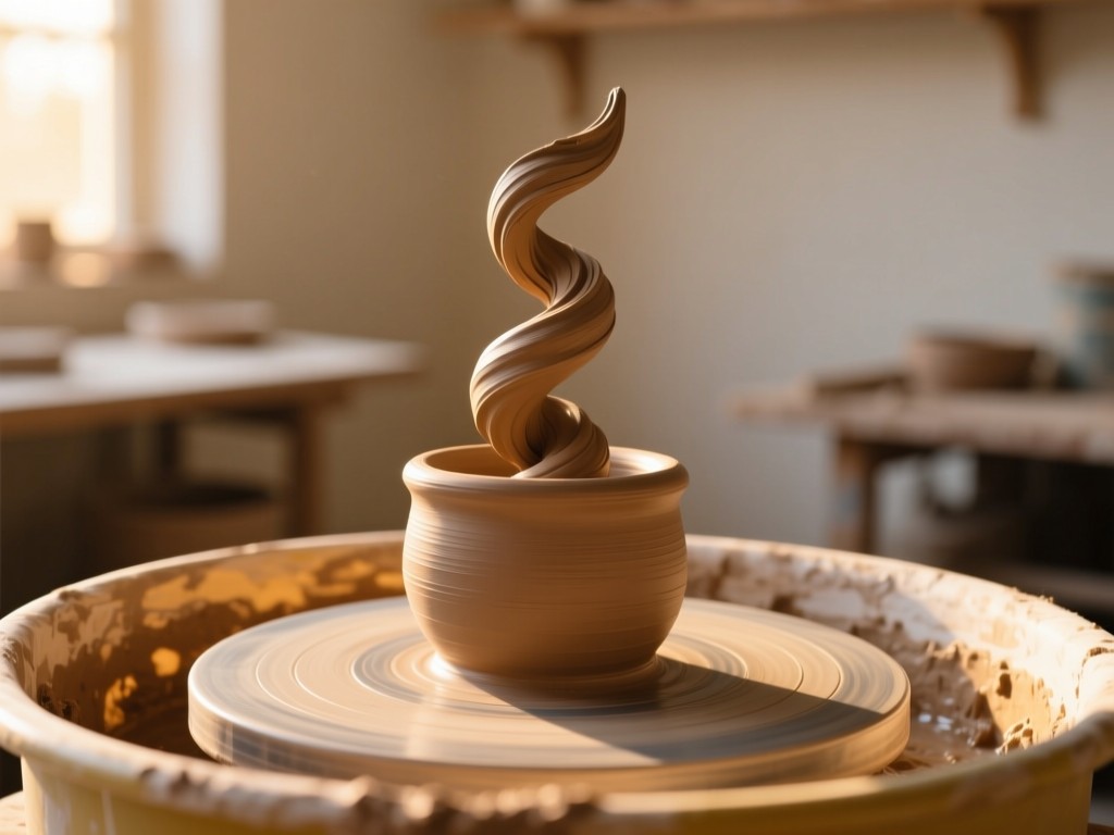 A single potter's wheel in a sunlit studio during golden hour, soft clay shaped into a rising spiral, symbolizing growth and creation, warm highlights on textured surfaces, minimalist negative space, no people.