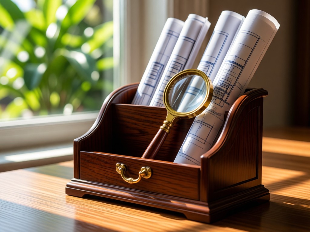 An elegant desk organizer holding rolled blueprints and a vintage magnifying glass. Soft sunlight highlights the textures. Blurred greenery visible through a nearby window. Professional yet inviting. No people.