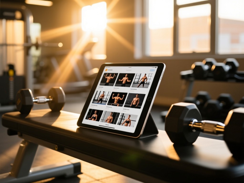 A sleek tablet on a gym bench at golden hour displaying workout thumbnails, dumbbells blurred in foreground, sun rays filtering through gym windows, warm natural lighting, shallow depth of field, no people.