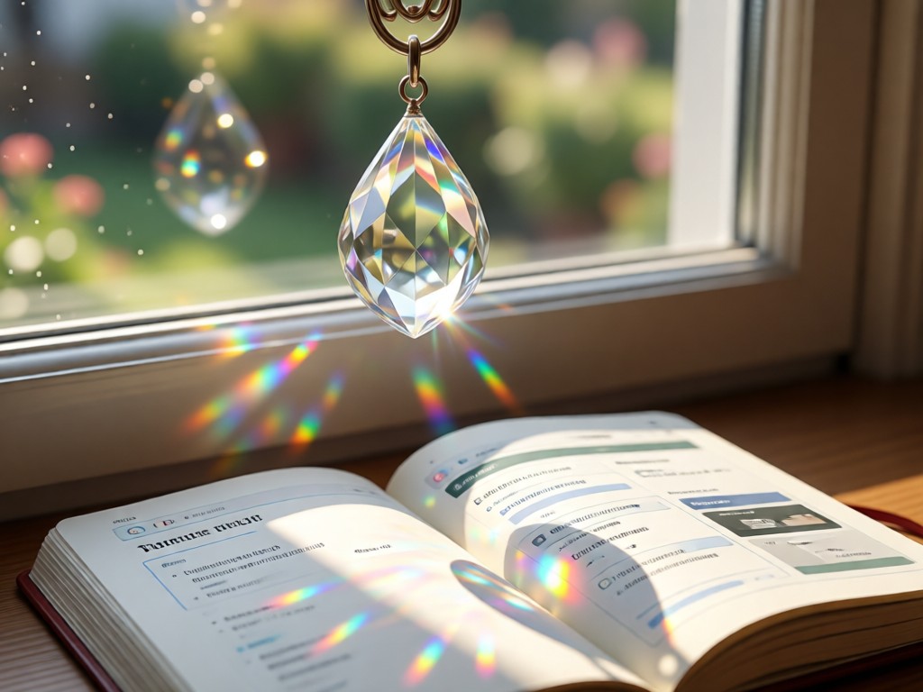 A crystal hanging in a sunlit window, casting tiny rainbows across a notebook open to a links page. Soft focus background. No people.