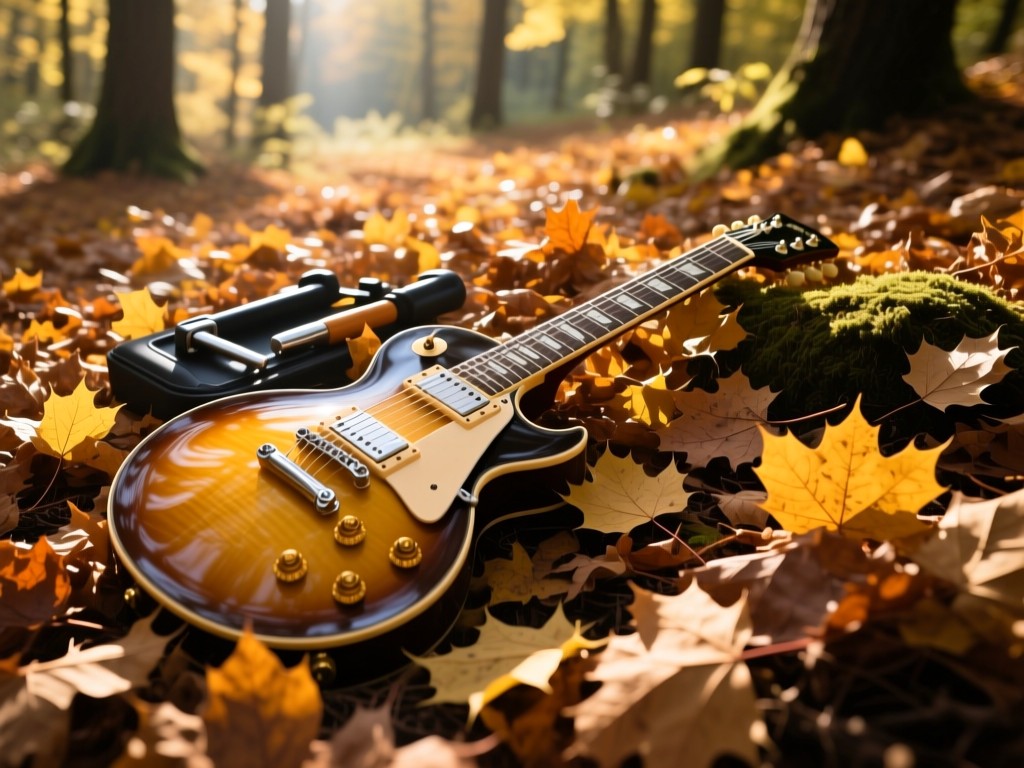 Aerial view of a Gibson Les Paul guitar resting on autumn leaves in a sunlit forest clearing. Represents focus and having essential tools in one place. No people.