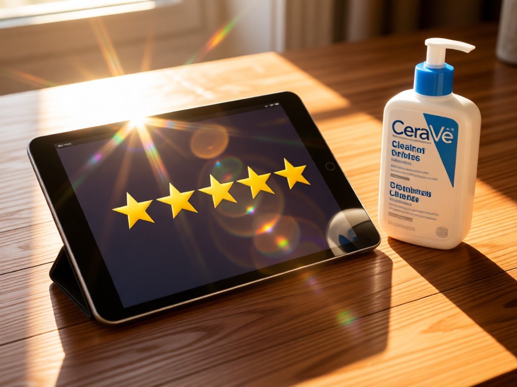 Tablet showing five-star reviews beside a CeraVe cleanser. Sunlight creates lens flares on the screen. Wooden desk surface. Warm tones. No people.
