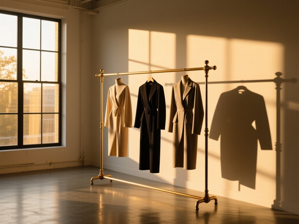 An elegant clothing rack with three designer pieces in a sunlit studio space. Large windows flood the scene with golden hour light, creating long artistic shadows on polished concrete. Symbolizes curated presentation. No people.