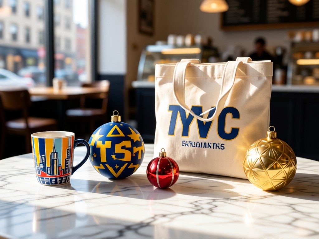 Flat lay of diverse NYC-themed gifts (mug, tote, ornament) on marble surface. Soft window light creates gentle highlights. Blurred café background suggests urban setting. No people.