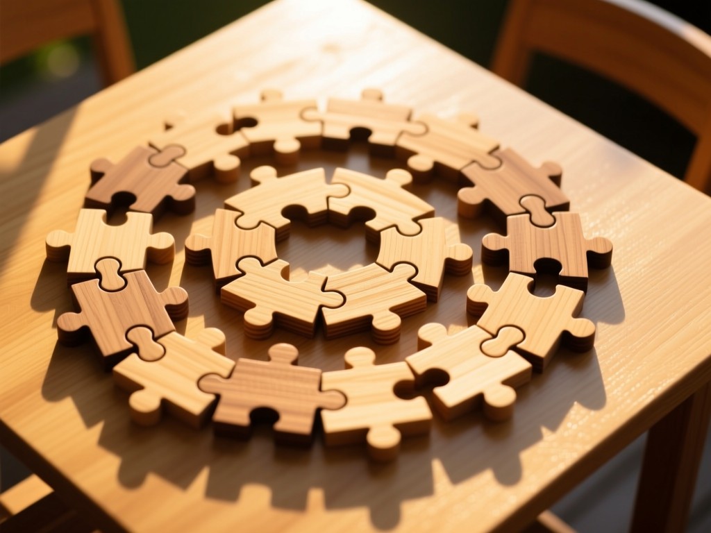 Aerial view of interlocking wooden puzzle pieces forming a circle on a sunlit table. The arrangement symbolizes unity and seamless connection of community elements. Golden hour lighting creates warm highlights. No people.