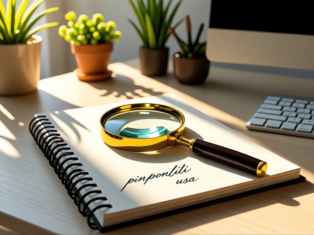 A magnifying glass resting on a notebook with 'pinponlili usa' handwritten elegantly. Sunlight filters through nearby plants onto a clean desktop. No people.