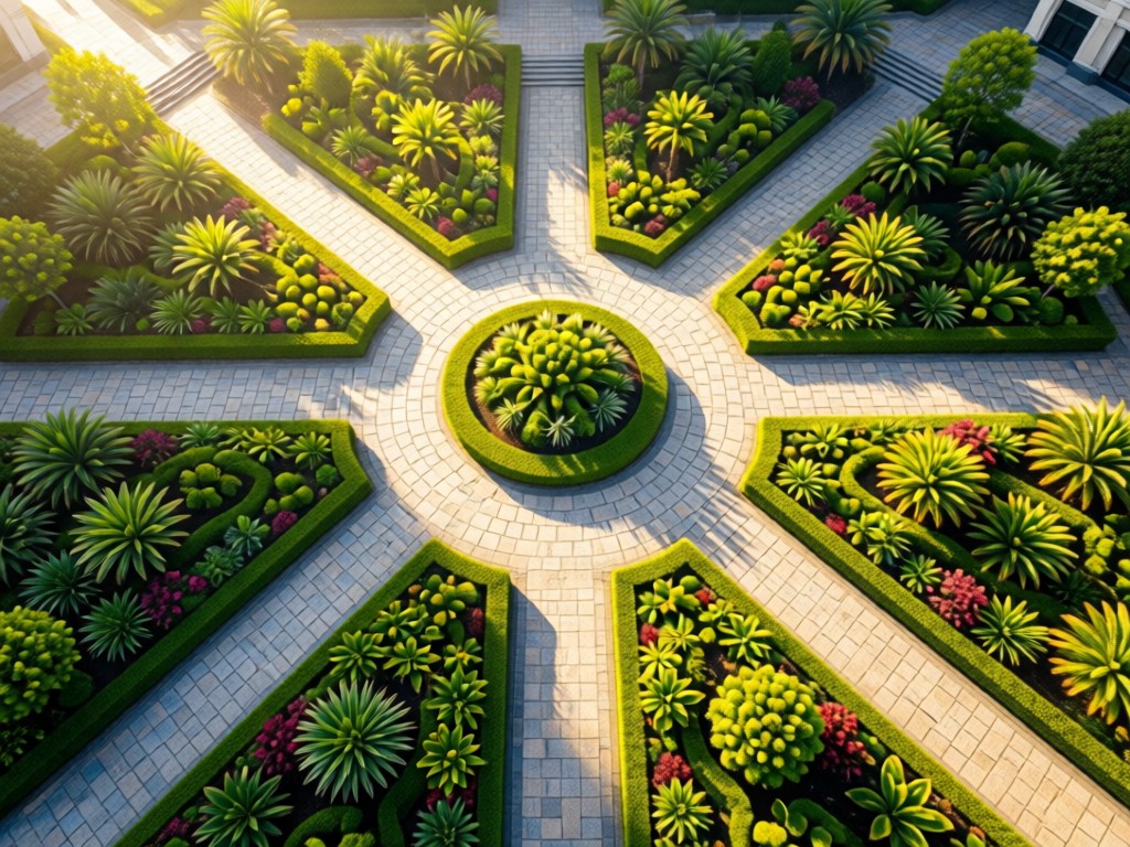 Aerial view of symmetrical commercial garden with stone pathways. Morning light highlights different plant textures. No people.