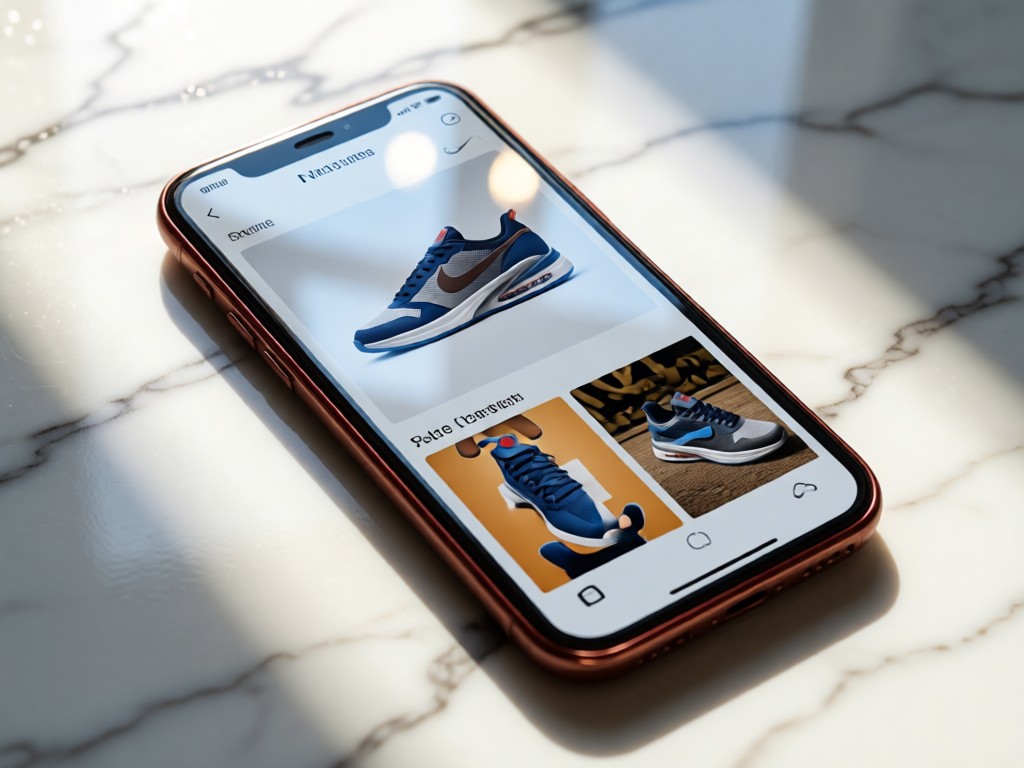 A smartphone displaying a Nike shoe portfolio on a marble surface. Natural light reflects off the screen. No people.