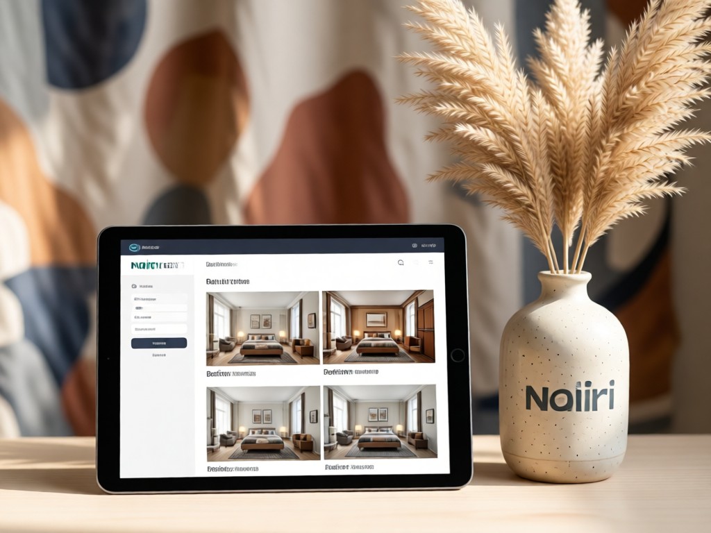A tablet displaying a sleek portfolio interface with before/after room transformations. Beside it, a Nitori ceramic vase holds dried pampas grass. Soft focus on abstract textile textures in background.