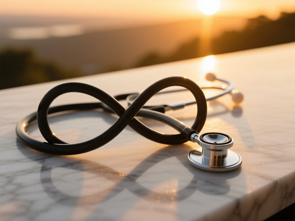 A stethoscope forming an infinity symbol on a clean marble surface at sunset, golden light creating long shadows, shallow depth of field, symbolic of perpetual discovery in healthcare.